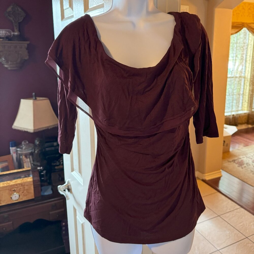 Ladies White House Black Market OTS Flounce Burgundy top